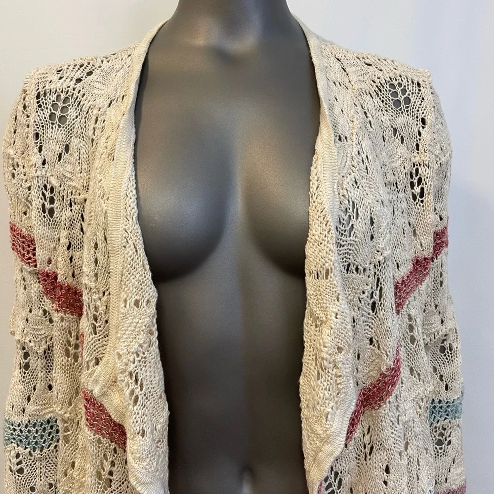 Maurices Sweater Cardigan L Open Front Open Knit Striped Tasseled Hem Waterfall